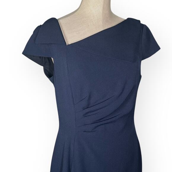 TAHARI ASL Asymmetric Collar Sheath Dress Navy Blue Cap Sleeve Career Office 8 - Picture 5 of 13